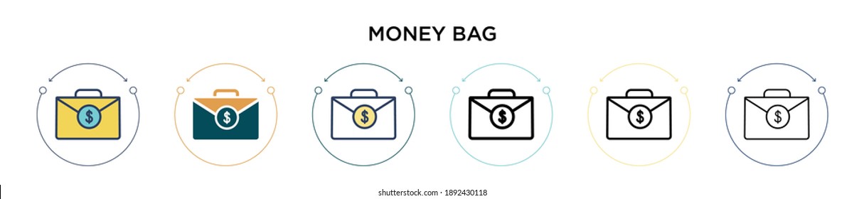 Money bag icon in filled, thin line, outline and stroke style. Vector illustration of two colored and black money bag vector icons designs can be used for mobile, ui, web
