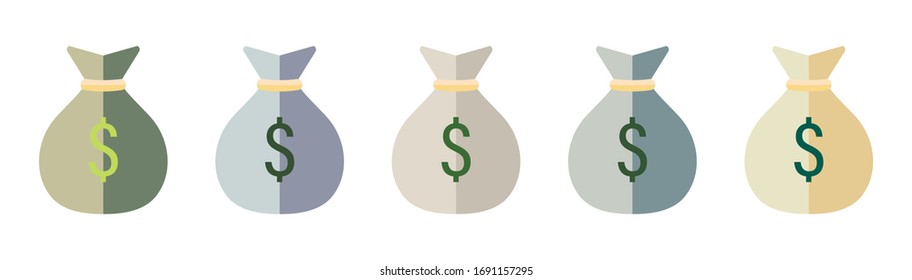 Money bag icon.Set of five multicolor money bags.Vector illustration