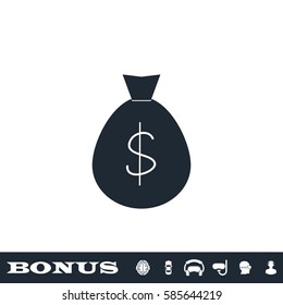 Money bag icon flat. Black pictogram on white background. Vector illustration symbol and bonus button