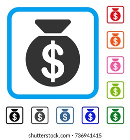 Money Bag icon. Flat gray pictogram symbol in a light blue rounded squared frame. Black, gray, green, blue, red, orange color additional versions of Money Bag vector.