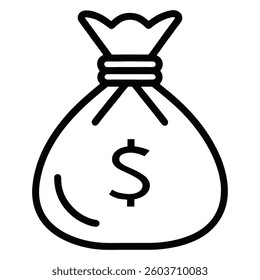 "Money bag icon in a flat line style. A linear vector graphic representation of a money bag icon, designed for web applications and user interface elements."