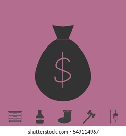 Money bag icon flat. Simple vector grey pictogram and bonus symbol