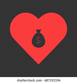 Money bag icon flat. Simple pictogram on heart background. Vector illustration symbol