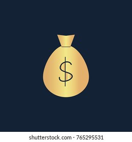 Money bag icon flat. Simple gold pictogram on dark background. Vector illustration symbol