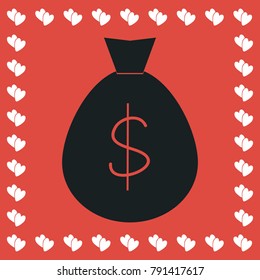 Money bag icon flat. Simple black pictogram on red background with white hearts for valentines day. Vector illustration symbol