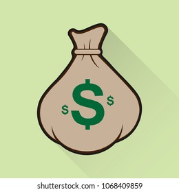 Money bag icon in flat style with long shadow on green background