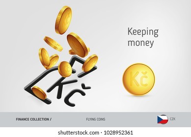 Money bag icon with flying Czech Koruna coins, finance concept. Vector illustration for print, websites, web design, mobile app, infographics.