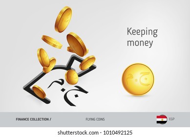 Money bag icon with flying Egyptian Pound coins, finance concept. Vector illustration for print, websites, web design, mobile app, infographics.