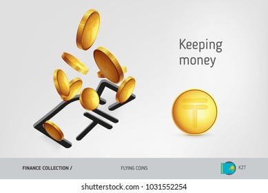 Money bag icon with flying Kazakhstani Tenge coins, finance concept. Vector illustration for print, websites, web design, mobile app, infographics.