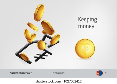 Money bag icon with flying Mongolian Tughrik coins, finance concept. Vector illustration for print, websites, web design, mobile app, infographics.