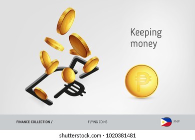 Money bag icon with flying Philippine Peso coins, finance concept. Vector illustration for print, websites, web design, mobile app, infographics.