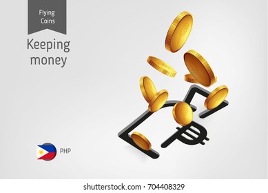 Money bag icon with flying Philippine Peso coins, finance concept.