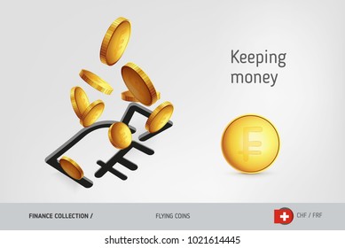 Money bag icon with flying Swiss Franc coins, finance concept. Vector illustration for print, websites, web design, mobile app, infographics.