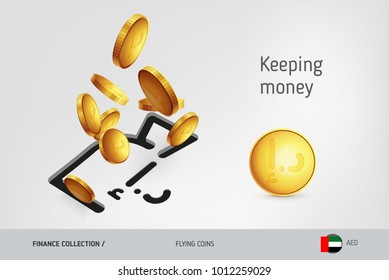 Money bag icon with flying United Arab Emirates Dirham coins, finance concept. Vector illustration for print, websites, web design, mobile app, infographics.