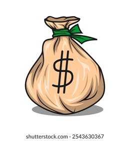 Money Bag Icon with Green Tie – Simple Cream Sack Full of Cash, Ideal for Finance, Banking, and Business Logos, Editable and Scalable Vector Illustration on White Background