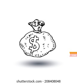 Money bag icon, hand drawn vector illustration