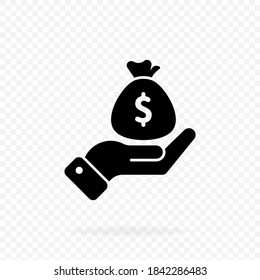 Money bag. Icon hand holding a money sack. Finance icon in black. Business icon. Money sign. Invest finance, hand holding dollar. Vector EPS 10