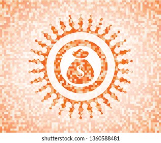 money bag icon inside abstract orange mosaic emblem
