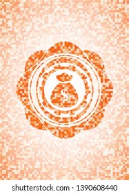 money bag icon inside abstract orange mosaic emblem with background