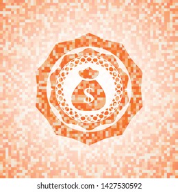 money bag icon inside abstract emblem, orange mosaic background