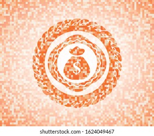 money bag icon inside abstract orange mosaic emblem with background