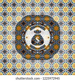 money bag icon inside arabesque emblem background. arabic decoration.