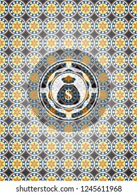 money bag icon inside arabesque badge. arabic decoration.