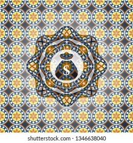 money bag icon inside arabesque style emblem. arabic decoration.