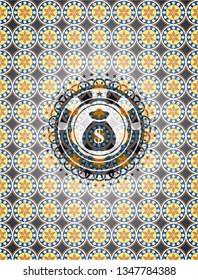 money bag icon inside arabesque emblem background. arabic decoration.
