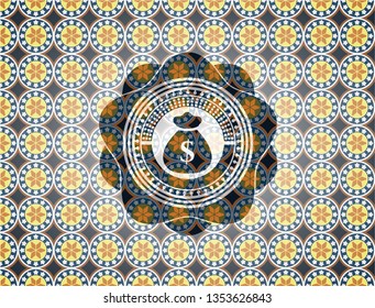 money bag icon inside arabesque emblem background. arabic decoration.