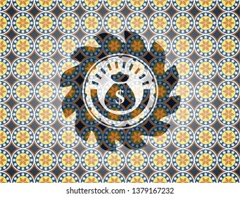 money bag icon inside arabesque style emblem. arabic decoration.