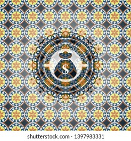 money bag icon inside arabesque emblem background. arabic decoration.