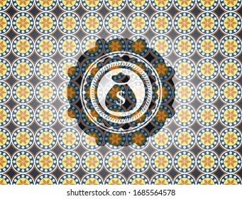 money bag icon inside arabesque emblem background. arabic decoration.