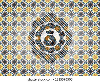 money bag icon inside arabic badge background. Arabesque decoration.