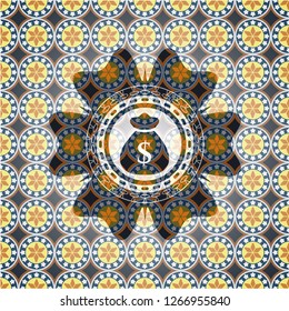 money bag icon inside arabic emblem background. Arabesque decoration.