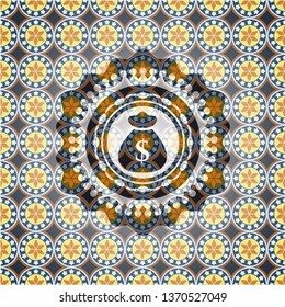 money bag icon inside arabic badge. Arabesque decoration.