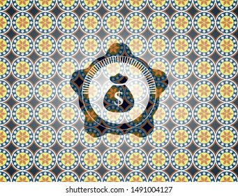 money bag icon inside arabic emblem. Arabesque decoration.
