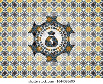money bag icon inside arabic emblem background. Arabesque decoration.