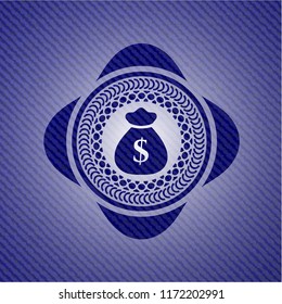 money bag icon inside badge with denim background