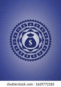 money bag icon inside badge with denim background