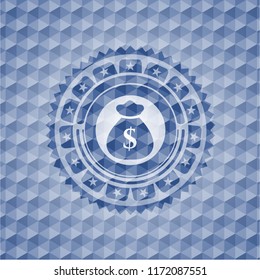 money bag icon inside blue emblem with geometric pattern.