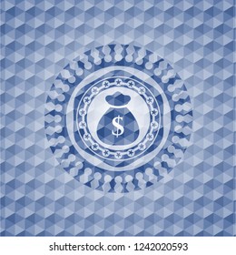money bag icon inside blue polygonal badge.