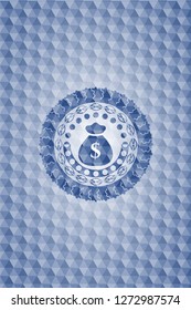 money bag icon inside blue emblem with geometric background.