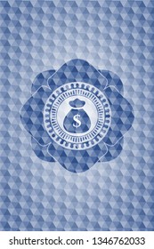 money bag icon inside blue emblem or badge with geometric pattern background.