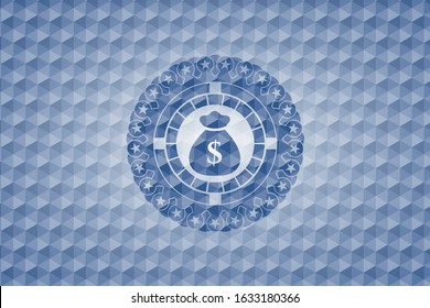 money bag icon inside blue polygonal emblem.