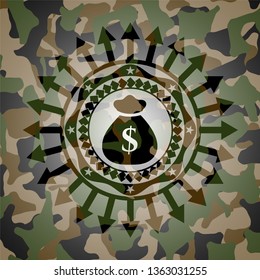 money bag icon inside camouflage texture