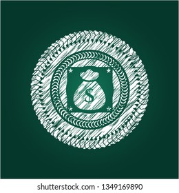 money bag icon inside chalk emblem written on a blackboard