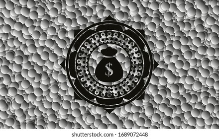 ícono de bolsa de dinero dentro del emblema oscuro con fondo de burbujas grises. Retro. Ilustración vectorial. Detallado.