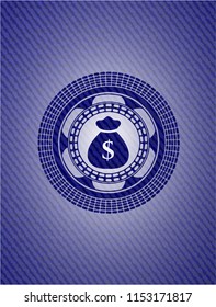 money bag icon inside emblem with denim texture