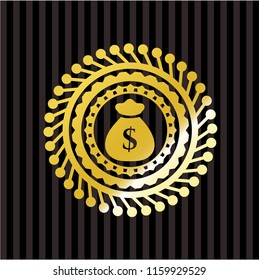 money bag icon inside gold badge or emblem